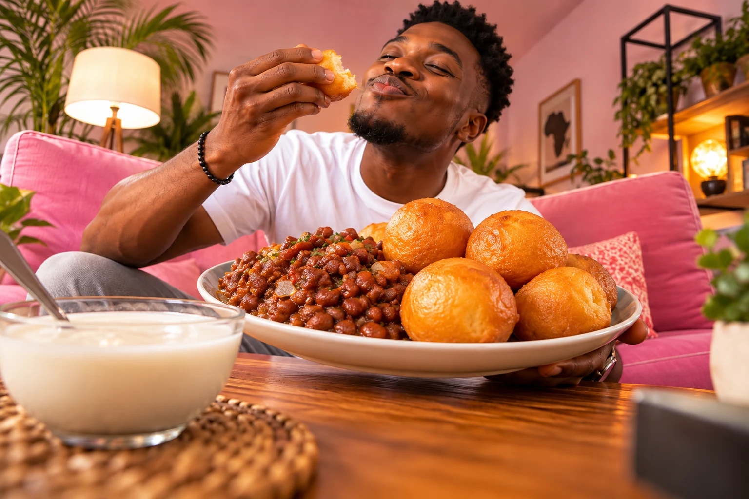 Un jeune homme savoure un petit-déjeuner camerounais