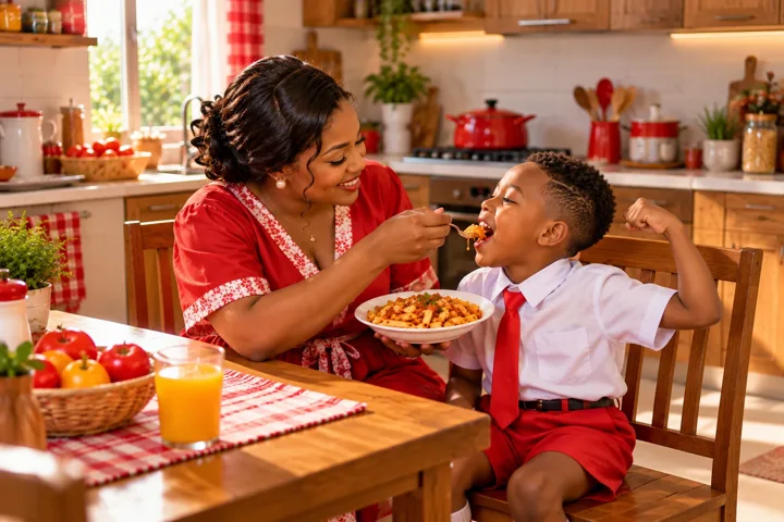 Une mère partage des pâtes avec son fils dans une cuisine